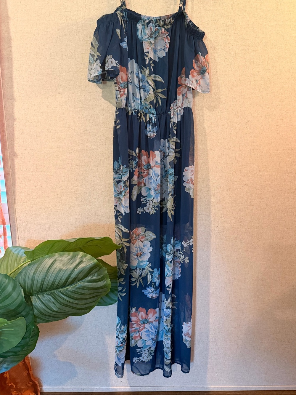 As You Wish Floral Chiffon Off-Shoulder Maxi Dress - Navy Blue